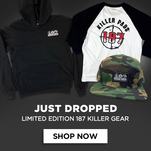 187Killer Pads Gear - showing hoodie, shirt, and hat