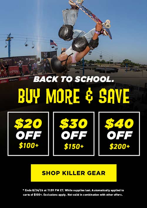 Promotional graphic for Killer Gear featuring a skateboarder performing a trick in an outdoor skatepark, with large text reading 'BACK TO SCHOOL. BUY MORE & SAVE' and three discount boxes offering $20 off $100+, $30 off $150+, and $40 off $200+. Mobile
